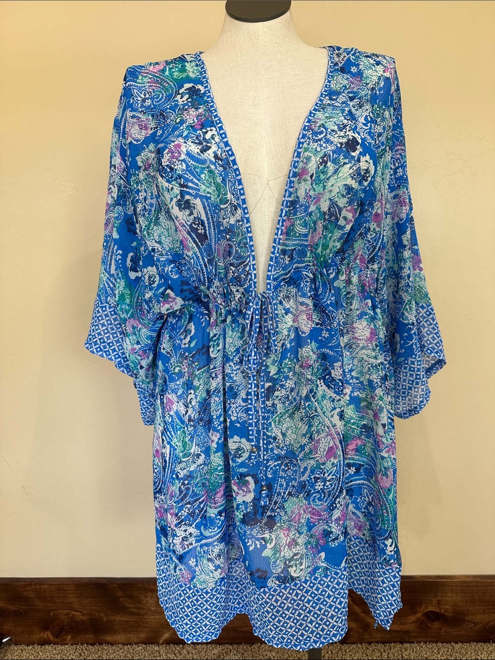 Dotti Blue Paisley V-Neck Swim Coverup with Aqua & Pink Accents